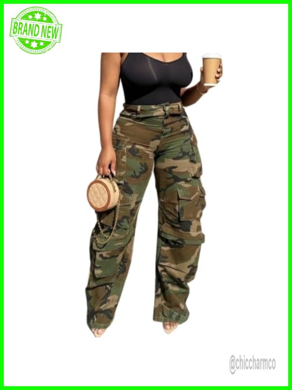 Women's Camo Cargo Pants High Waist Stretch Wide Leg Army Fatigue